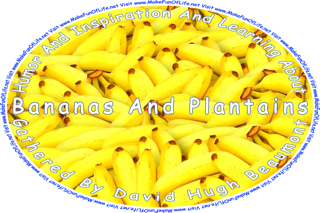 Picture of a ripe yellow bananas, and the words, ‘“Humor And Inspiration And Learning About Bananas And Plantains” Gathered By David Hugh Beaumont - Visit www.MakeFunOfLife.net.’