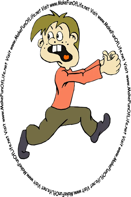 Picture of a young man running away in fear from the words and pictures on the website, and the words, 'Visit www.MakeFunOfLife.net.'