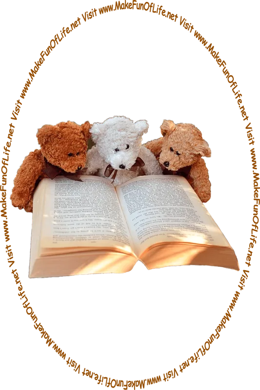 Picture of three furry toy teddy bears reading a book, and the words, ‘Visit www.MakeFunOfLife.net.’