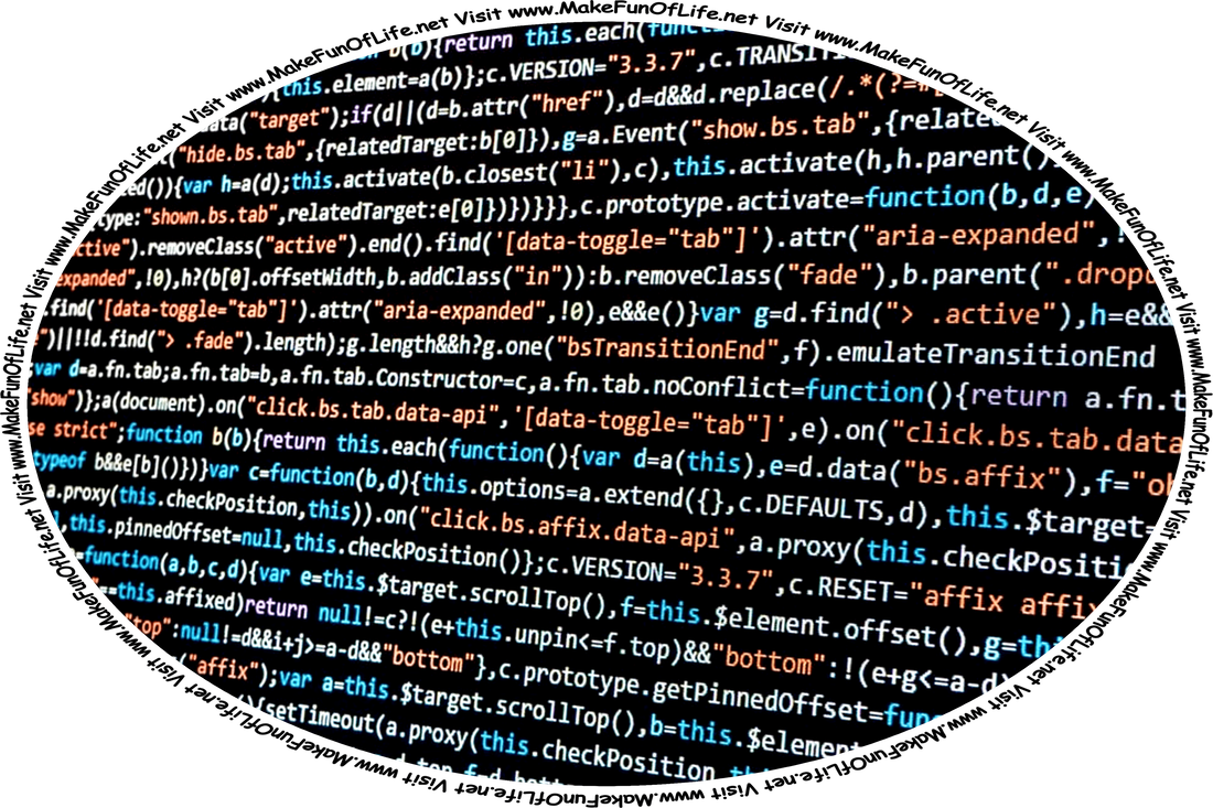 Picture of lines of computer code, or instructions written in keyboard characters, on a screen, and the words, ‘Visit www.MakeFunOfLife.net.’