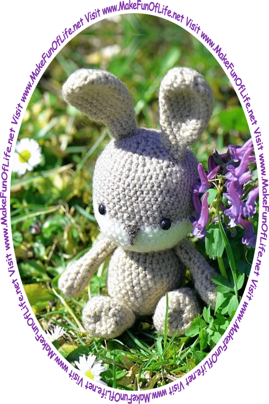 Picture of a big stuffed toy rabbit and a small stuffed toy rabbit sitting together atop a concrete wall under shade trees, and the words, ‘Visit www.Make FunOfLife.net’