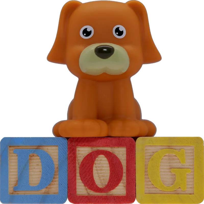 Picture of a toy dog sitting on top of three toy letter building blocks spelling out D O G.