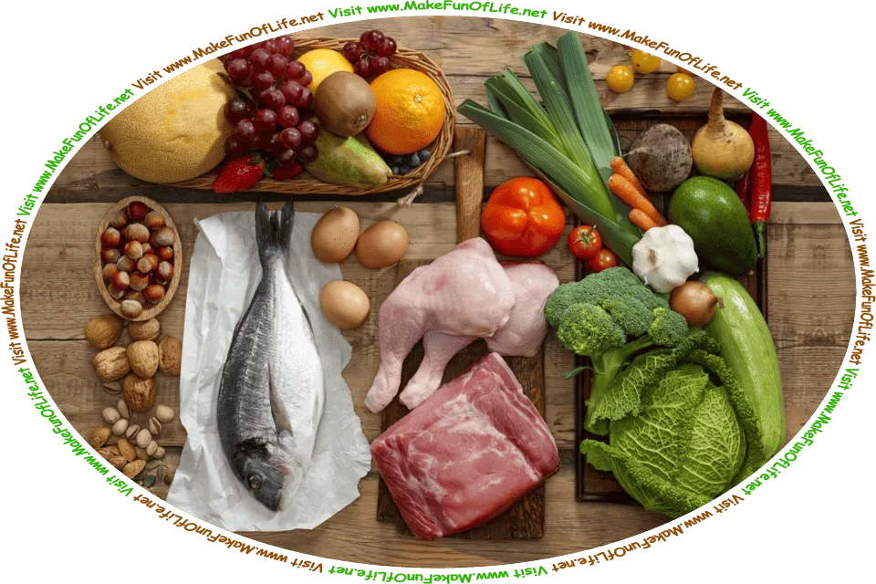Picture of a variety of healthy foods, including fish, chicken, beef, nuts, cabbage, zucchini, eggs, tomatoes, leeks, avocados, bell peppers, oranges, pears, grapes, melons, strawberries, onions, and garlic, and the words, ‘Visit www.MakeFunOfLife.net.’