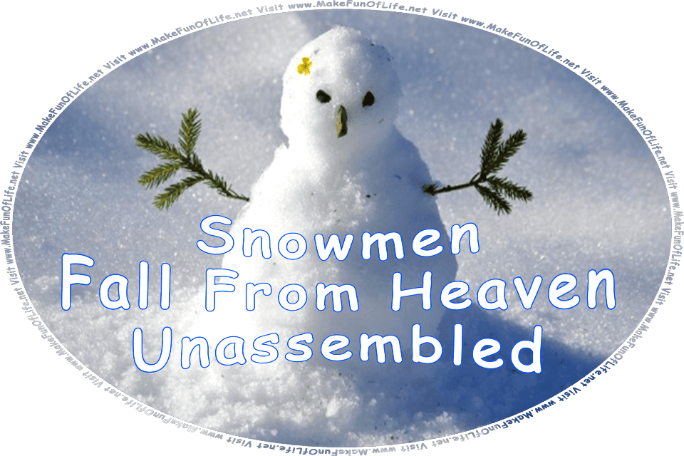 Picture of a snowman with arms made of green pine tree twigs, two black eyes like coal, a strip of bark for a nose, a tiny yellow flower petal near the top of its head, and the words, Snowmen Fall From Heaven Unassembled - Visit www.MakeFunOfLife.net.