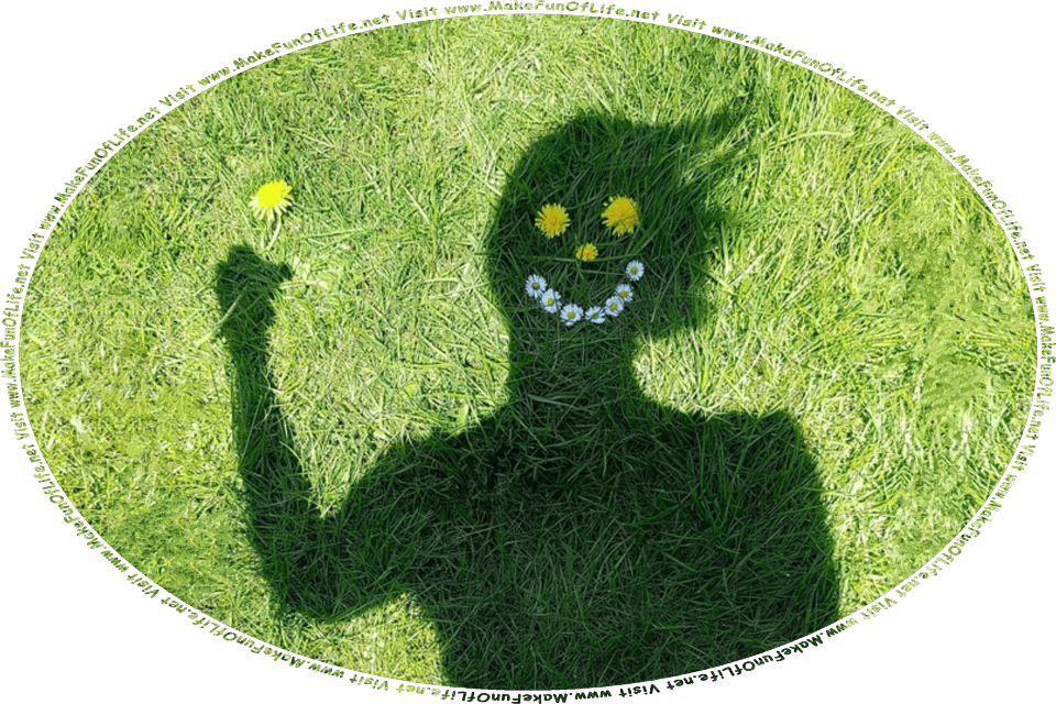 Picture of a shadow of a woman on green grass, with daisy flower blossoms lined up to form a smiling mouth, dandelion flower blossoms for two eyes and a nose, a dandelion blossom on a stem held in the shadow’s outstretched hand, and the words, Visit www.MakeFunOfLife.net.