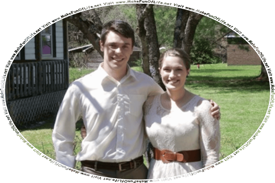 Picture of a happy smiling husband and a happy smiling wife standing together outside on the grass under shade trees on a bright sunny day, and the words, Visit www.MakeFunOfLife.net.