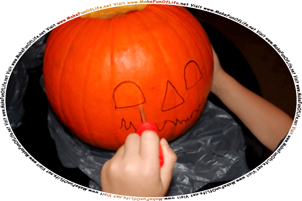 Picture of a child using a carving tool to make a jack o’lantern from a pumpkin, and the words, Visit www.MakeFunOfLife.net.