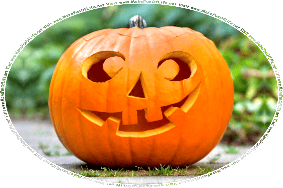 Picture of a happy smiling jack o-lantern pumpkin on a brick-paved sidewalk with green grass growing up between the bricks, and the words, Visit www.MakeFunOfLife.net.