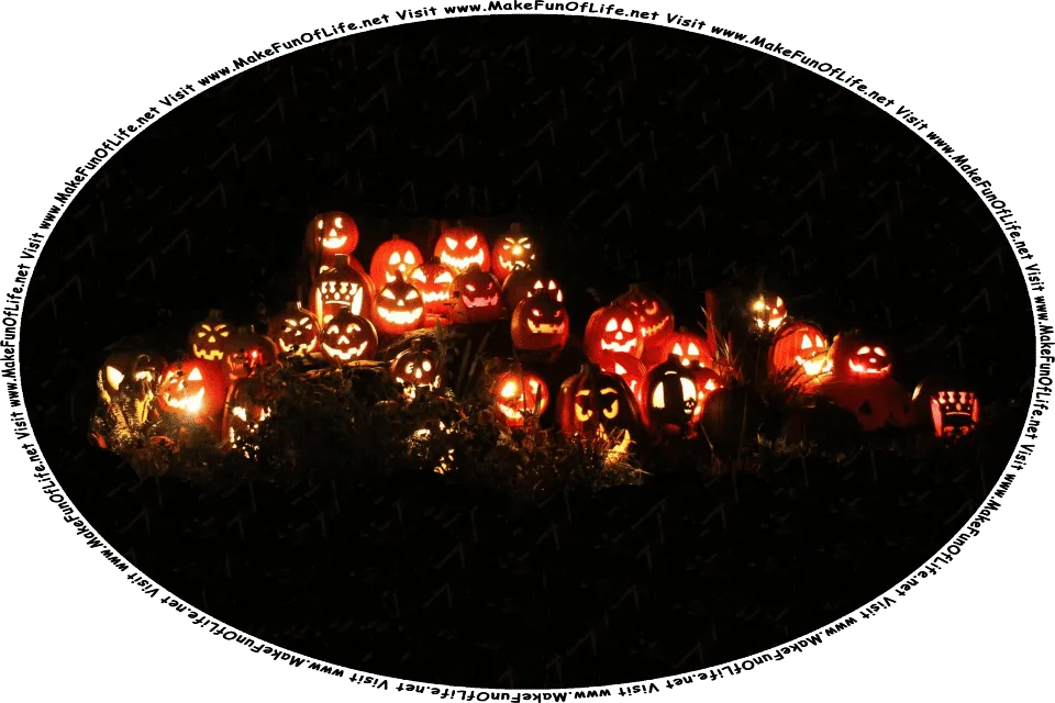 Nighttime picture of a group of brightly lighted Jack O’Lantern pumpkins, and the words, Visit www.MakeFunOfLife.net.