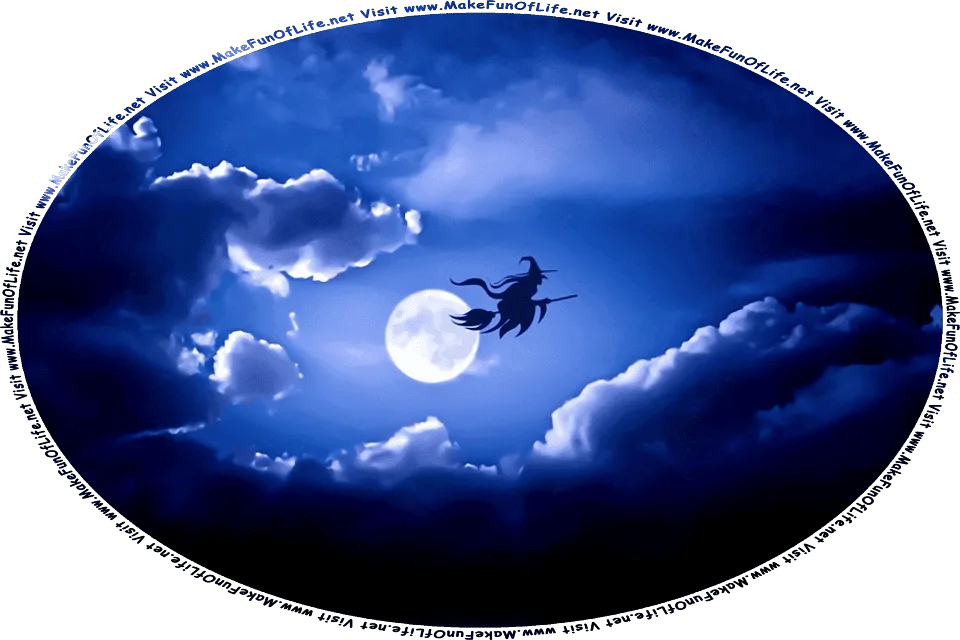 Nighttime picture of a witch on a broom, flying among the clouds, past a full Moon, and the words, Visit www.MakeFunOfLife.net.