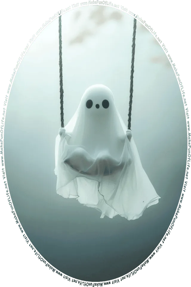 Picture of a spooky ghost on a swing, and the words, Visit www.MakeFunOfLife.net