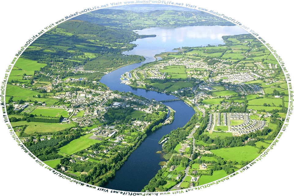 Aerial view of the city of Limerick, Ireland, with the River Shannon flowing through the city, green fields surrounding the housing areas, and the words, Visit www.MakeFunOfLife.net.