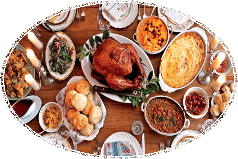 Picture of a thanksgiving dinner, with a turkey, stuffing, biscuits, gravy, mashed potatoes, squash, corn, cranberries, and tableware including dinner plates, forks, knives, and drinking glasses, and the words, Visit www.MakeFunOfLife.net.