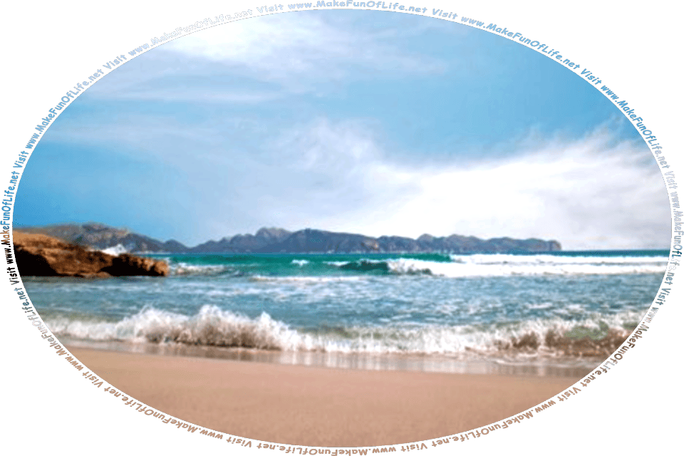 Picture of a brown sandy beach with waves rushing up onto it, hazy blue sky above, and the words, Visit www.MakeFunOfLife.net.