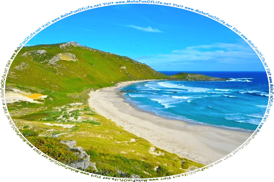Picture of the New Zealand Coastline, with gently rolling waves lapping onto a sandy beach, plants in various shades of green on the inland side of the beach, a blue sky with a few hazy clouds above, and the words, Visit www.MakeFunOfLife.net.