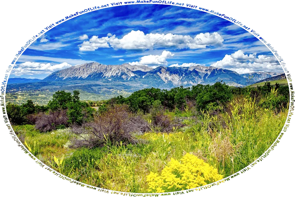 Picture of flowering plants and green leafy trees on a hillside overlooking a valley, with tall mountains on the far side of the valley, a blue sky with fluffy white clouds above, and the words, Visit www.MakeFunOfLife.net.