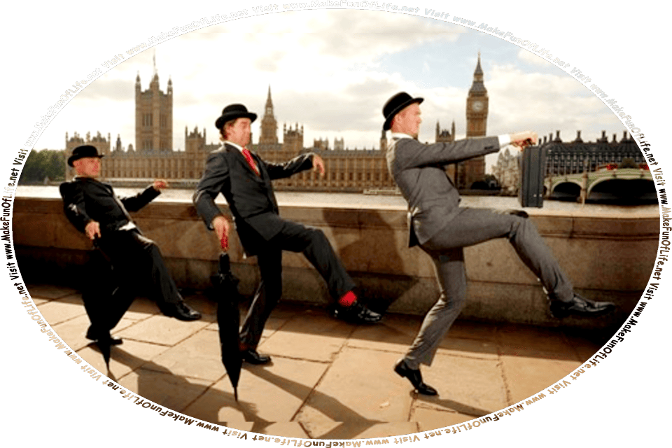 Picture of three chaps dressed in suits and wearing bowler hats, with two of them using folded umbrellas as walking sticks, as they demonstrate the exaggerated odd angles and placements of their arms and legs in a silly way of walking, in London, England, and the words, Visit www.MakeFunOfLife.net.