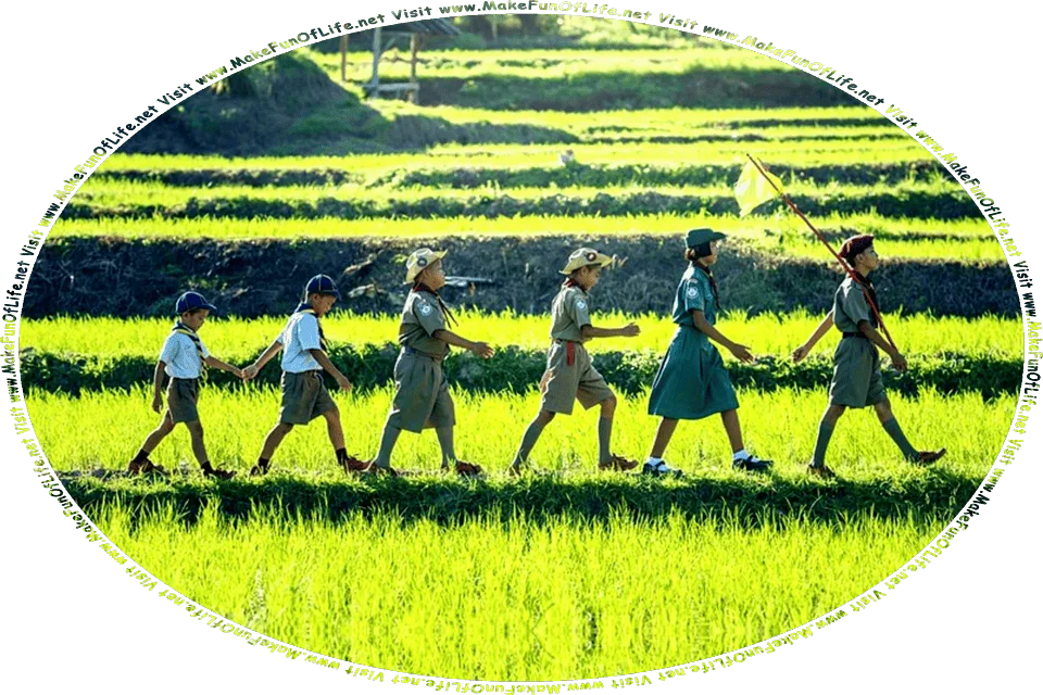 Picture of youth scout troupe and their den mother walking single file across a field, and the words, Visit www.MakeFunOfLife.net.