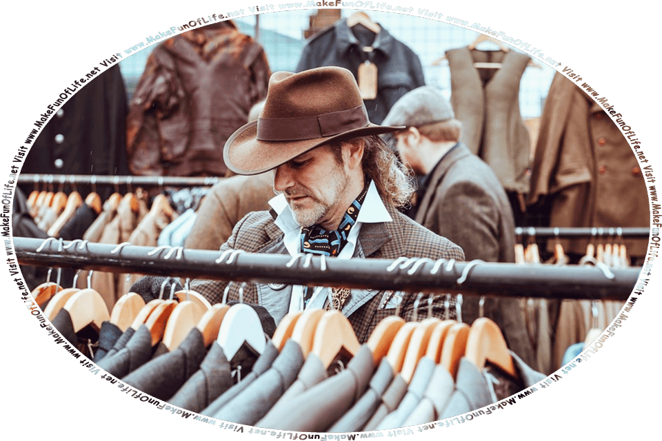 Picture of a man shopping in a store for a suit, and the words, Visit www.MakeFunOfLife.net.