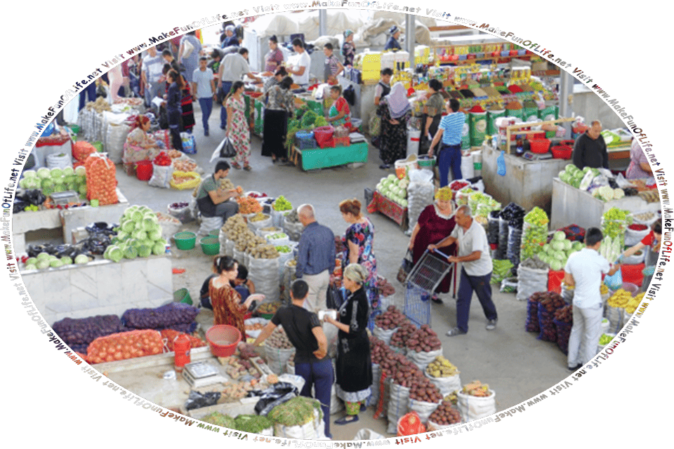 Picture of an indoors farm produce market with shoppers, and the words, Visit www.MakeFunOfLife.net.