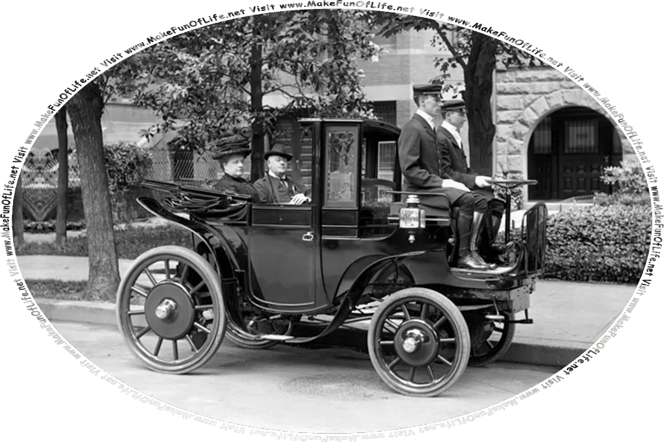 Picture of a luxury convertible-top horseless carriage, or an early automobile modeled after a horsedrawn carriage, with a man and a woman in the passenger seat at the back of the vehicle, a driver and co-driver in the driver’s bench seat at the front of the vehicle, and the words, Visit www.MakeFunOfLife.net.