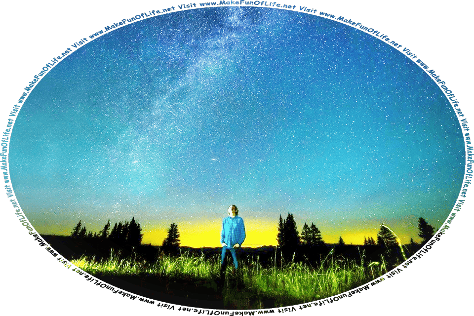 Picture of a boy standing in a field of tall green grass, looking up at the stars, and the words, Visit www.MakeFunOfLife.net.