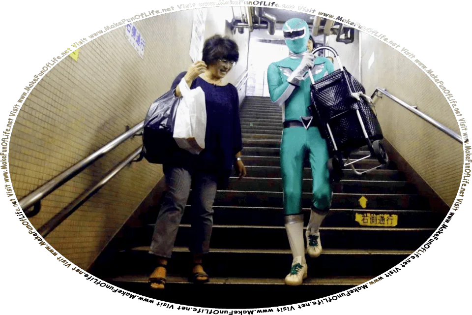 Picture of a man dressed in a superhero costume helping a woman by carrying her luggage down a long stairway, and the words, Visit www.MakeFunOfLife.net.