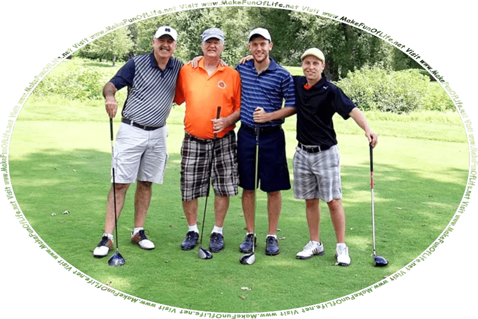 Picture of four happy smiling friends and golf buddies holding putting irons, and the words, Visit www.MakeFunOfLife.net.