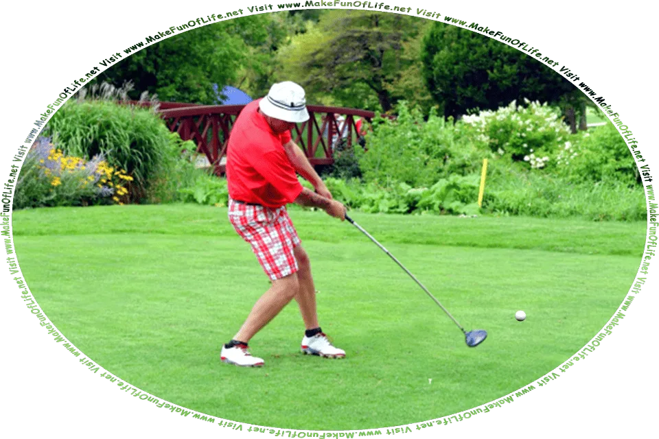 Picture of a practicing golf putting on the green grass of a golf course, in a area bordered by flowering plants with yellow, white, and purple blossoms, and the words, Visit www.MakeFunOfLife.net.