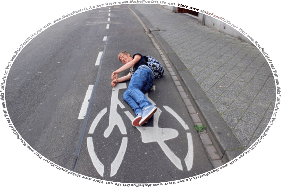 Picture of a happy smiling young man lying down on his side atop a bicycle painted on a roadway, as if riding it, and the words, Visit www.MakeFunOfLife.net.