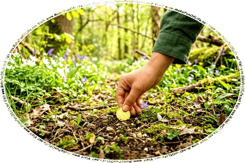 Picture of a person picking up a gold coin that is lying on a path in a woods in springtime, and the words, Visit www.MakeFunOfLife.net.