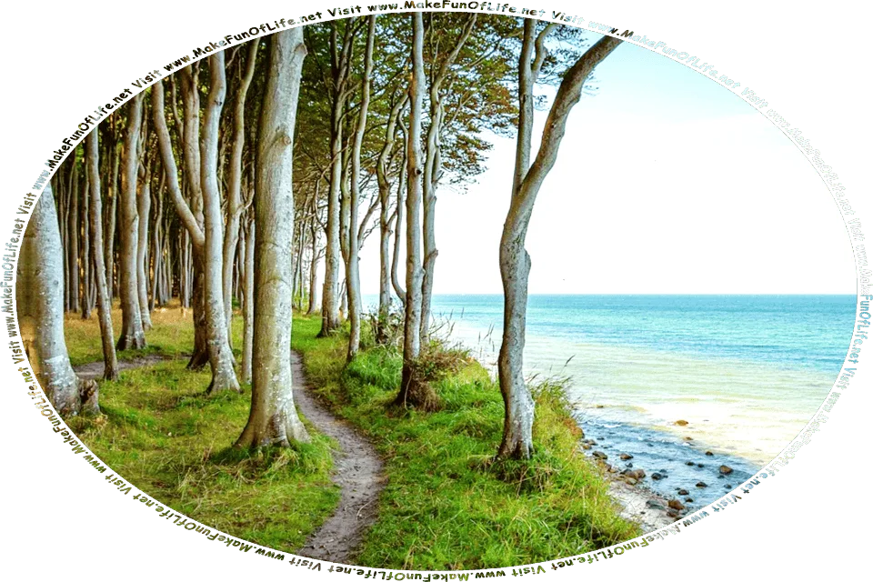 Picture of a dirt path through green grass under trees along the shoreline of a calm blue ocean under a hazy blue sky, and the words, Visit www.MakeFunOfLife.net.