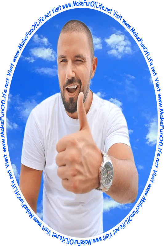 Picture of a happy smiling winking man with thumb up hand gesture and with blue sky and fluffy white clouds in background.