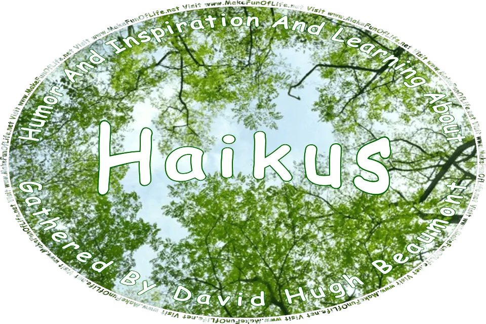 Picture of a cloudy summer sky seen from below, through a canopy of green leaves and tree branches, and the words, Humor And Inspiration And Learning About Haikus Gathered By David Hugh Beaumont - Visit www.MakeFunOfLife.net.