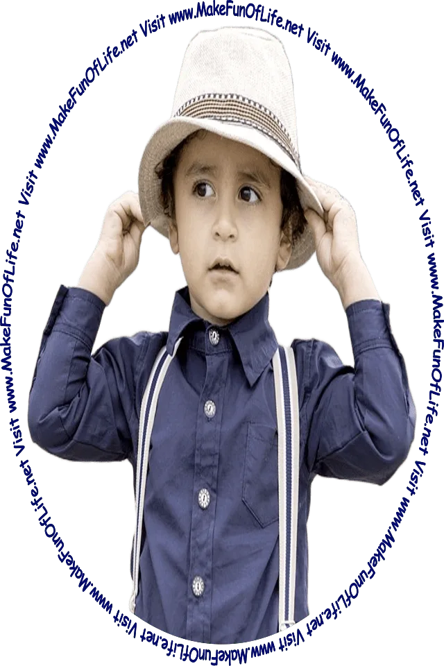 Picture of a boy looking at the words and pictures on the website, and the words, 'Visit www.MakeFunOfLife.net.'