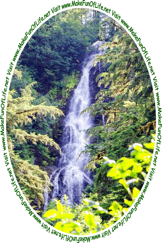 Picture of a tall waterfall in a pine tree woods, and the words, ‘Visit www.MakeFunOfLife.net.’