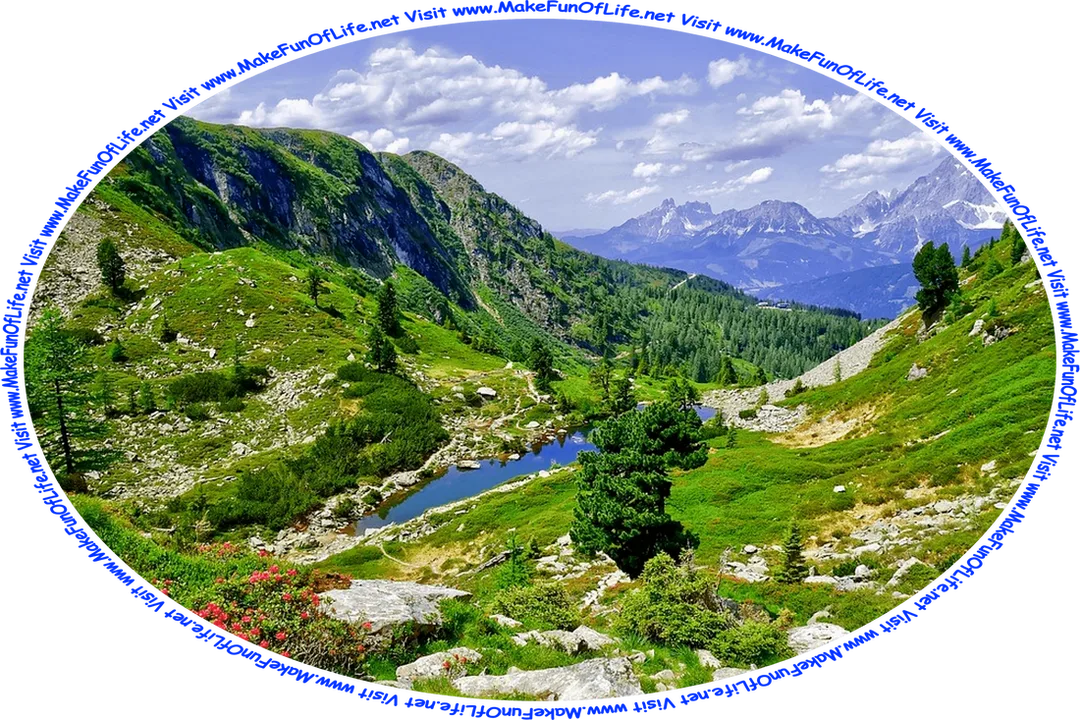 Picture of a wilderness area, with mountains, trees, flowering plants, rocks, a small lake, and a blue sky with fluffy white clouds, and the words, ‘Visit www.MakeFunOfLife.net.’