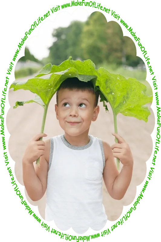 Picture of a happy smiling boy holding two big green burdock plants leaves by the stems, over his head like a hat or umbrella or a parasol sunshade, and the words, ‘Visit www.MakeFunOfLife.net.’