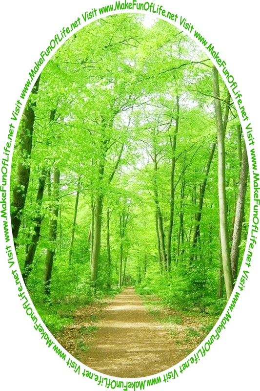 Picture of a dirt footpath in a woods of tall green leafy trees, and the words, ‘Visit www.MakeFunOfLife.net.’