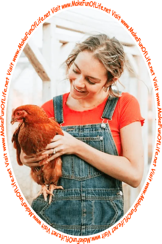 Picture of a happy smiling woman holding a Rhode Island Red chicken, and the words, ‘Visit www.MakeFunOfLife.net.’