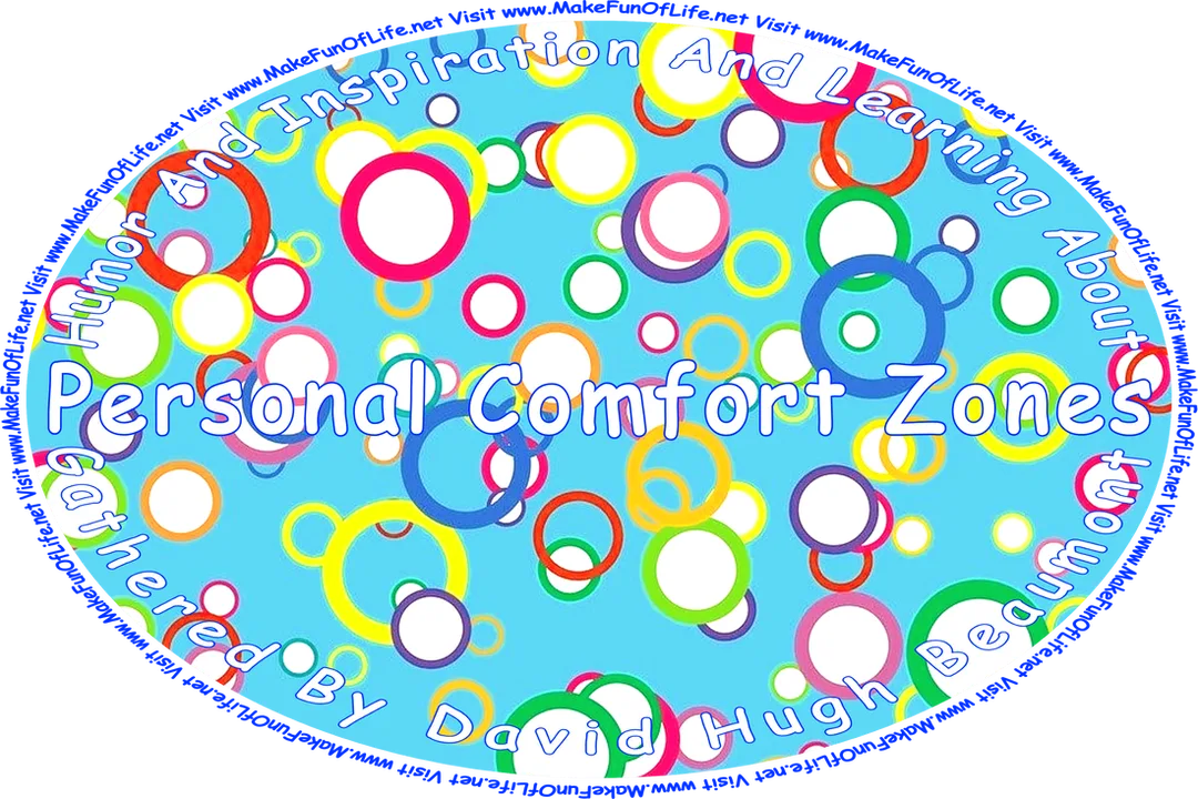 Picture of different colored circles with different colored borders arranged randomly on a blue background, and the words, ‘“Humor And Inspiration And Learning About Personal Comfort Zones” Gathered By David Hugh Beaumont - Visit www.MakeFunOfLife.net.’