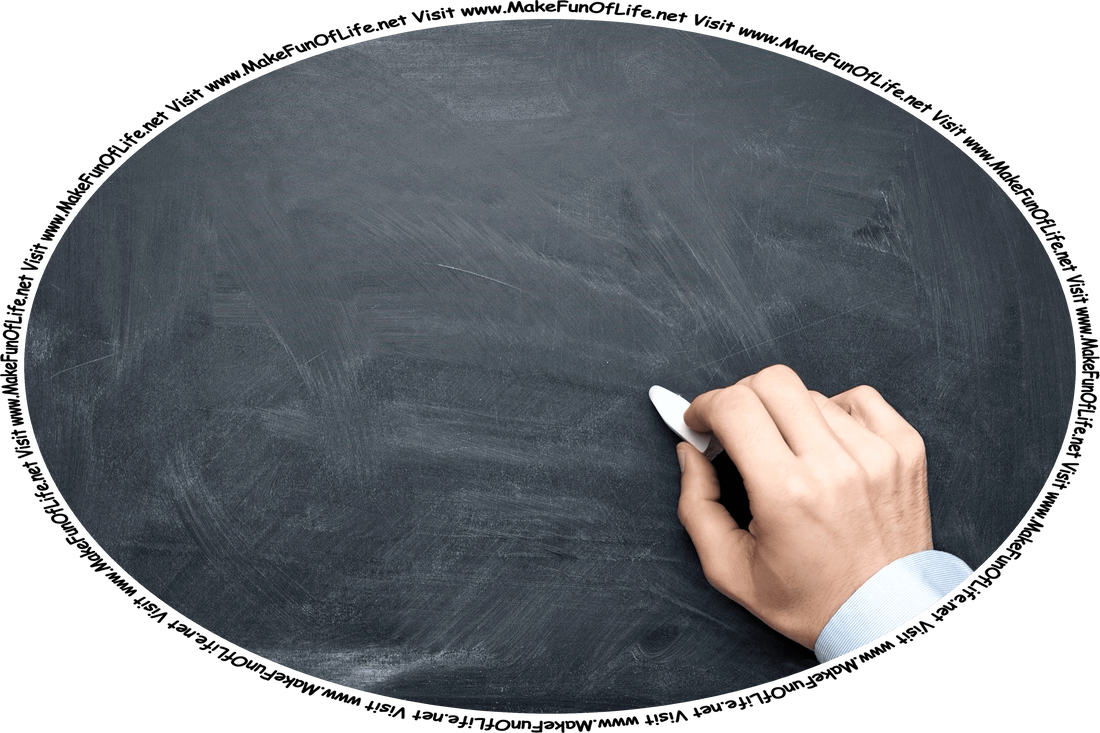 Picture of a hand holding a piece of chalk against a blank chalkboard, and the words, ‘Visit www.MakeFunOfLife.net.’