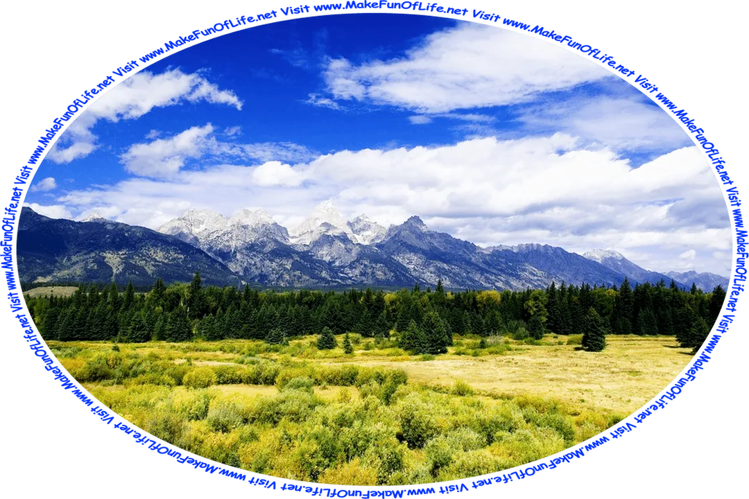 Picture of a meadow of grass and scrub brush, edged by evergreen trees, with snow-capped mountains in the distance, a blue sky with fluffy white clouds above, and the words, ‘Visit www.MakeFunOfLife.net.’