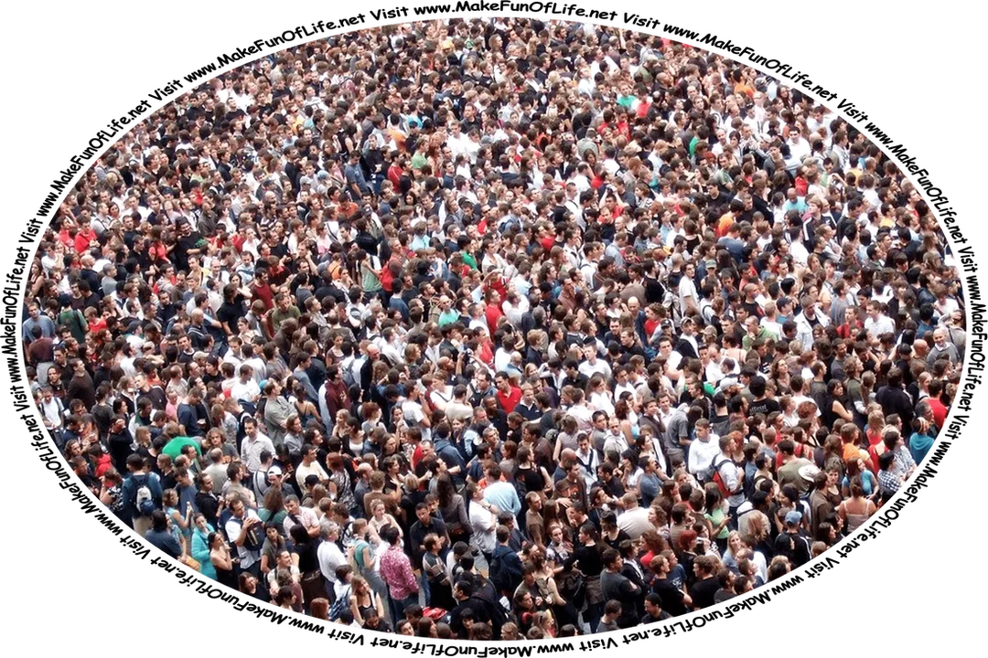 Picture of a large tightly-packed crowd of people, and the words, ‘Visit www.MakeFunOfLife.net.’