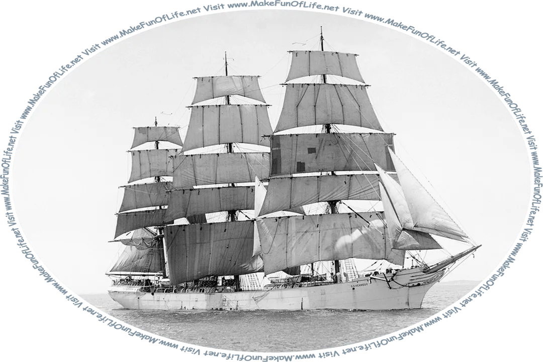 Picture of a three-masted sailing ship at sea under full sail, and the words, ‘Visit www.MakeFunOfLife.net.’