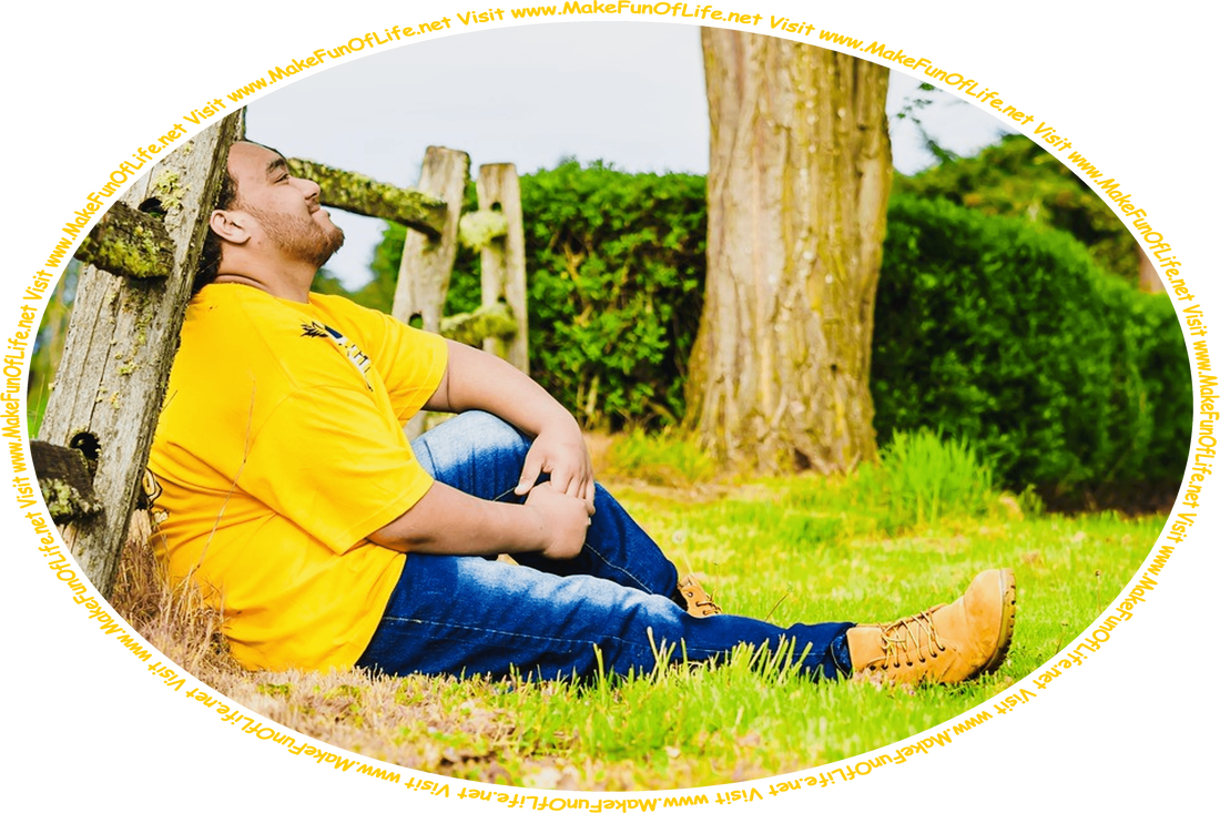 Picture of a happy smiling man sitting in green grass and leaning against an old wooden fence, and the words, ‘Visit www.MakeFunOfLife.net.’