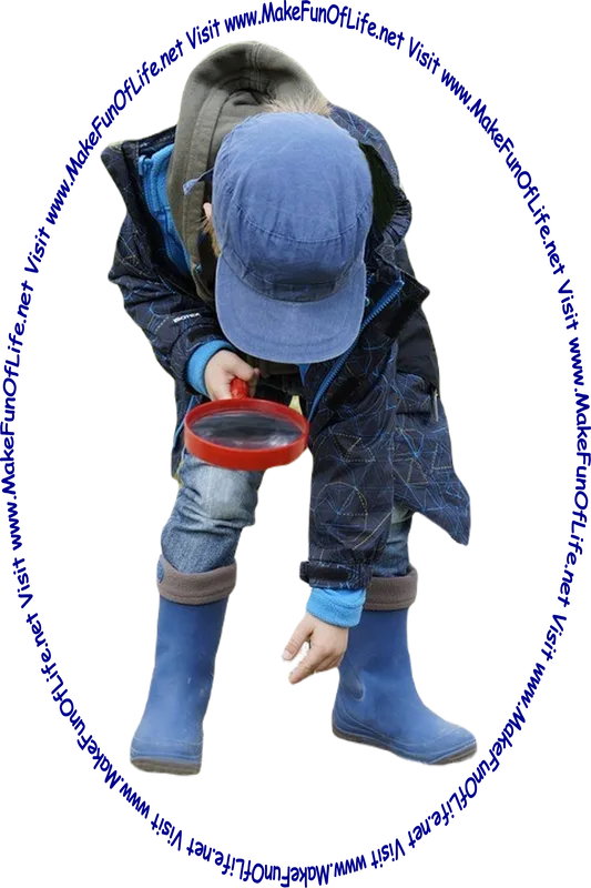Picture of a boy looking through a magnifying glass at something lying on the ground, and the words, 'Visit www.MakeFunOfLife.net'