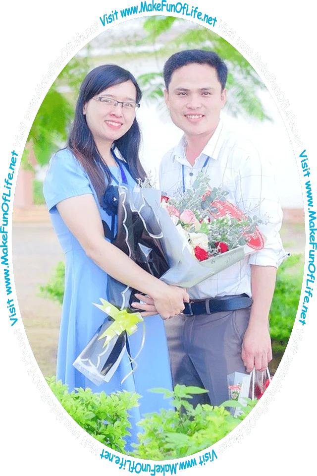Picture of a couple holding wedding gifts, a bouquet of flowers and a gift bag, and the words, ‘Visit www.MakeFunOfLife.net.’