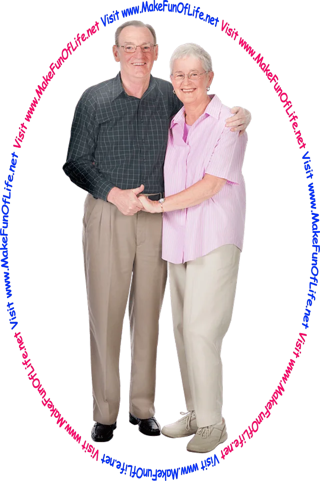 Picture of a happy smiling couple standing next to each other, holding hands, and the words, ‘Visit www.MakeFunOfLife.net.’