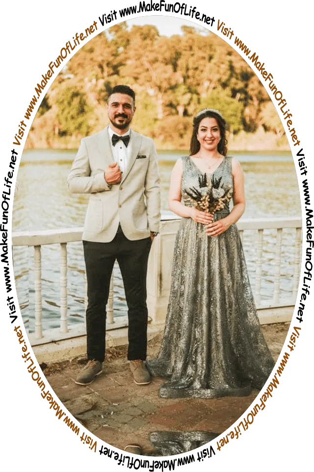 Picture of a happy smiling couple standing at a lakeside, and the words, ‘Visit www.MakeFunOfLife.net.’